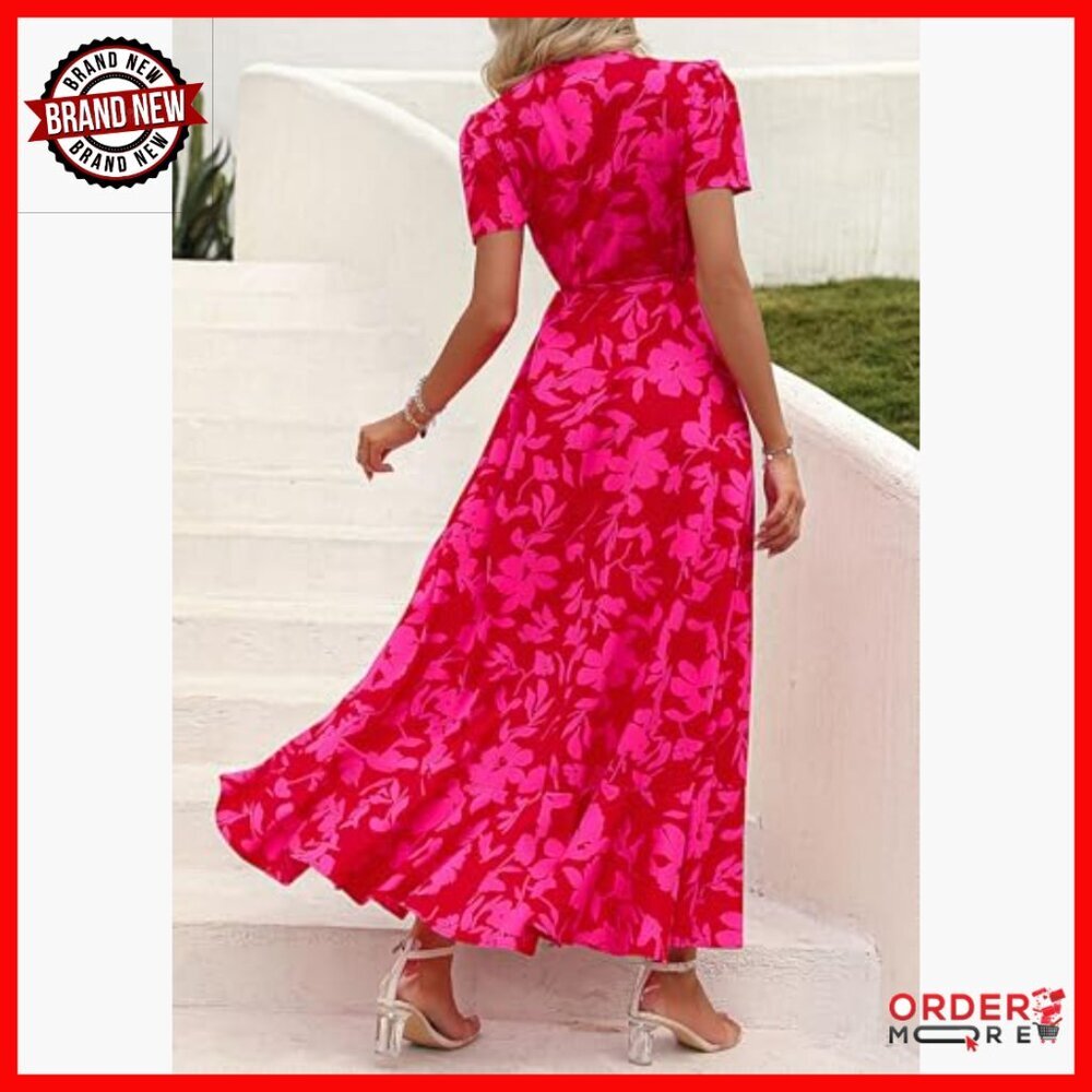 Boho Floral Maxi Dress Wrap V Neck Short Sleeve Summer Beach Wedding Guest - Picture 5 of 7